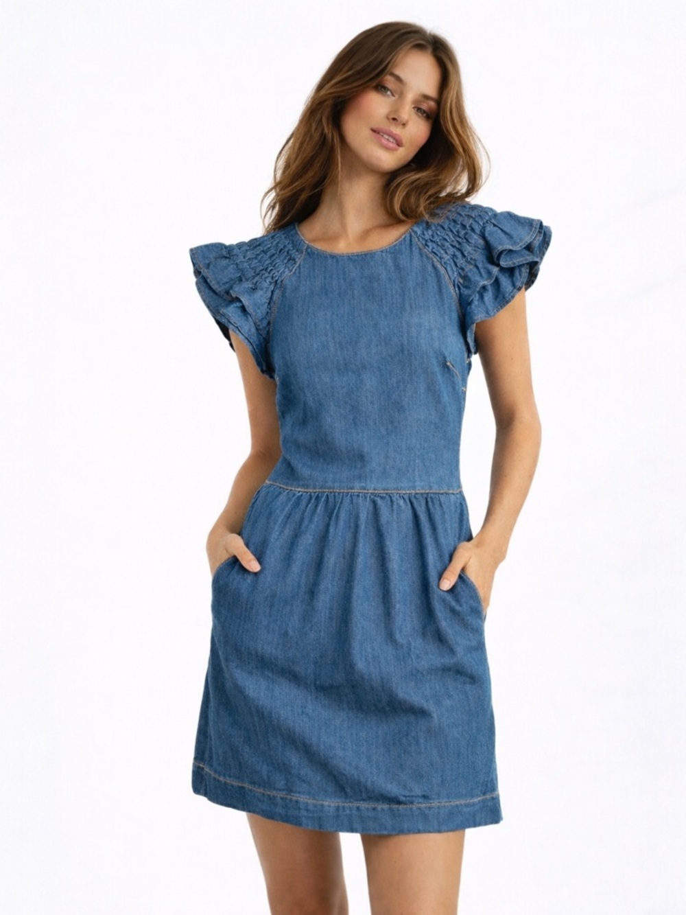RED Valentino Denim Dress Smocked Ruffle Cap Sleeve Bow Back Mini Blue EU 40